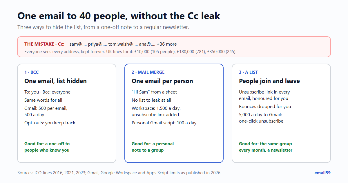 Three ways to email many people without showing addresses. Bcc: one email, addresses hidden, everyone gets the same text; Gmail allows 500 recipients per email; good for a one-off to people who know you. Mail merge: one email per person with their name; Google Workspace mail merge sends up to 1,500 a day and adds an unsubscribe link; good for a personal note to a group. A list: people join and leave on their own; every email carries an unsubscribe link; good for a regular newsletter. Above them, the Cc mistake: every address visible to everyone.
