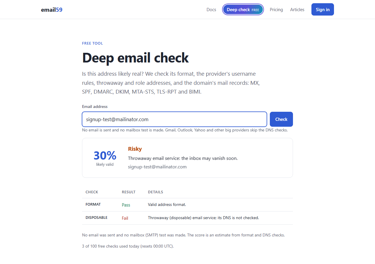 email59 deep check: a mailinator.com address scored 30%, verdict risky, disposable check failed
