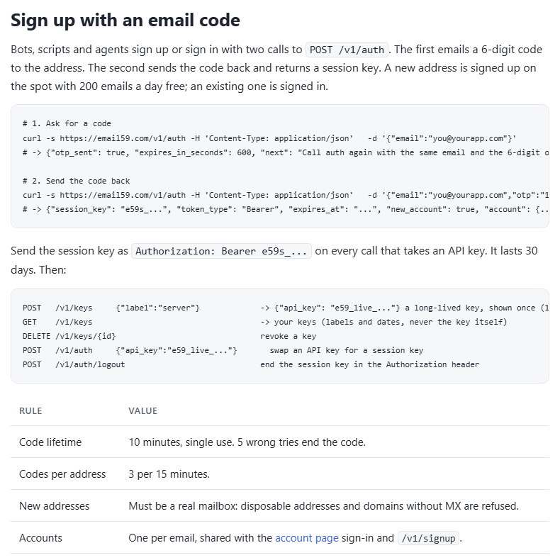 email59 docs: sign up with an email code, two calls to POST /v1/auth, and a table of rules: code lifetime 10 minutes, single use, 5 wrong tries; 3 codes per 15 minutes per address