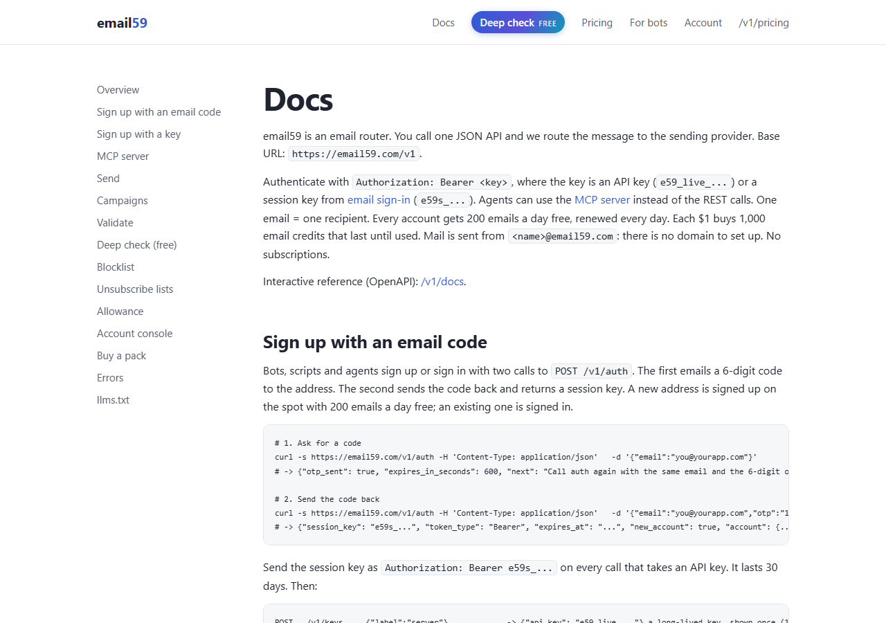 email59 docs: sign up with an email code, then send with one POST request