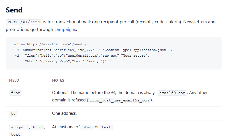 email59 docs: POST /v1/send with a bearer key, one recipient per call