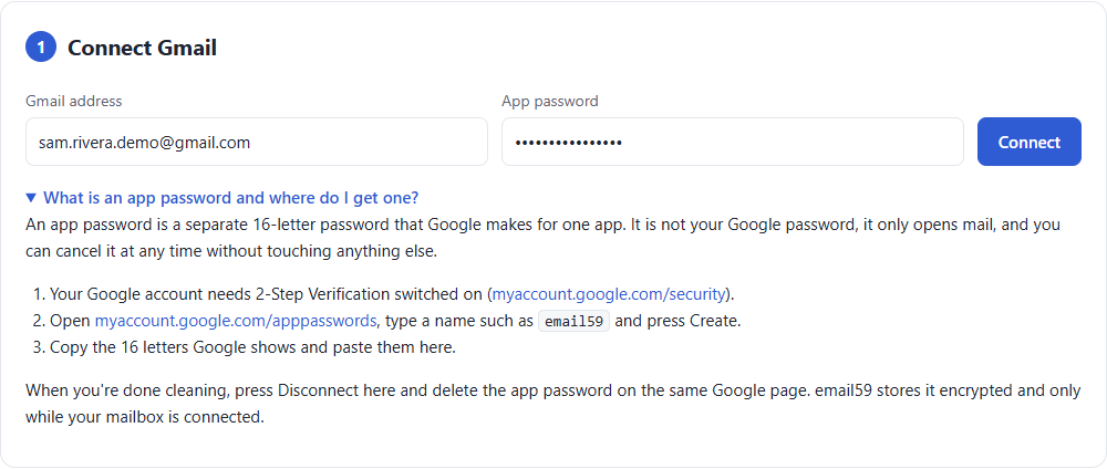 Step 1 of email59 Gmail cleanup: a Gmail address field, an app password field and the three steps to create an app password at Google.