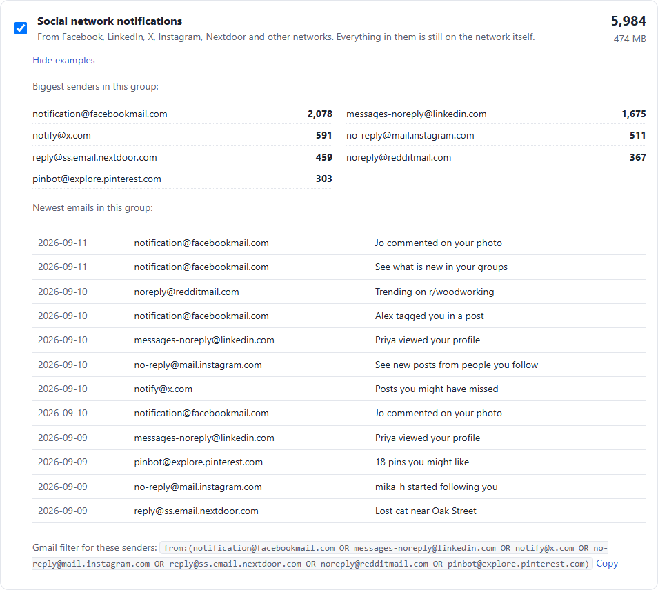A group opened in email59 Gmail cleanup: the biggest senders with a count each, the newest emails with date, sender and subject, and a Gmail filter line for these senders with a copy button.