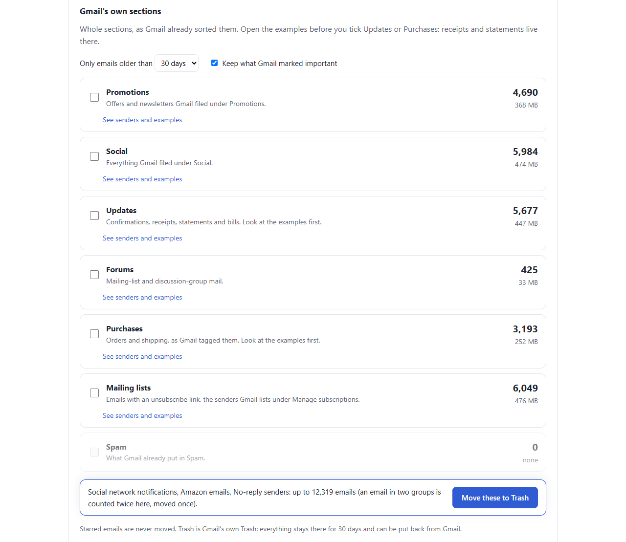 Gmail's own sections with counts: Promotions 4,690, Social 5,984, Updates 5,677, Forums 425, Purchases 3,193, mailing lists 6,049, with an age picker, a keep-important tick and the Move these to Trash button.