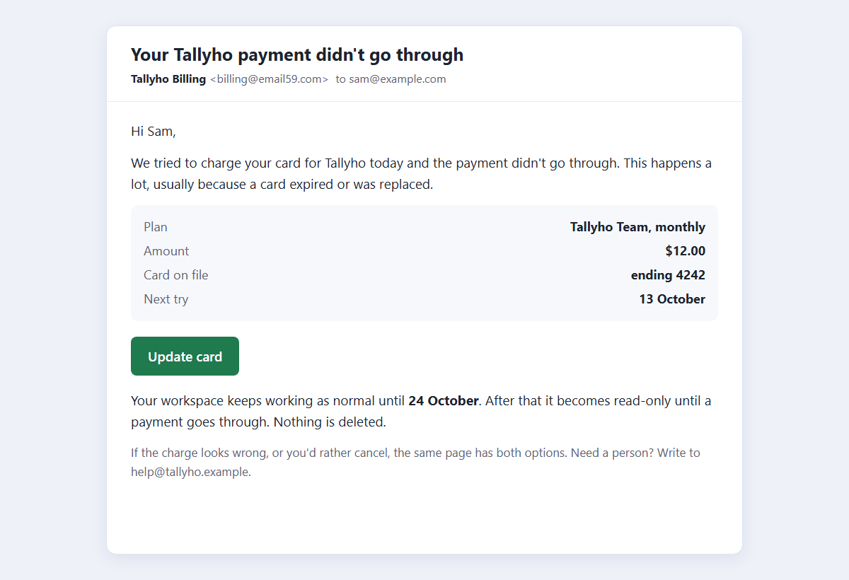 A sample missed-payment email from an app called Tallyho: subject 'Your Tallyho payment didn't go through', the amount, the card's last four digits, the date of the next try, what happens on 24 October, one Update card button and a line about how to get help