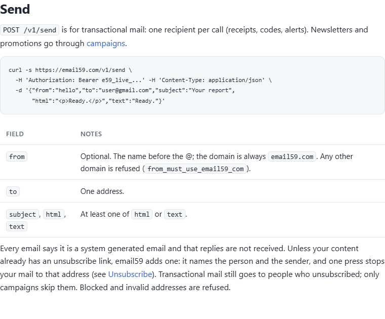 email59 docs, Send: POST /v1/send for transactional mail, one recipient per call, a curl example and the fields from, to, subject, html and text, with the note that the domain is always email59.com