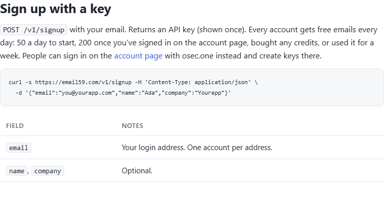 email59 docs, Sign up with a key: POST /v1/signup with your email returns an API key shown once, with a curl example and the fields email, name and company