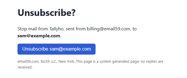 email59 unsubscribe page: 'Unsubscribe?' with the sender, the recipient and one blue button