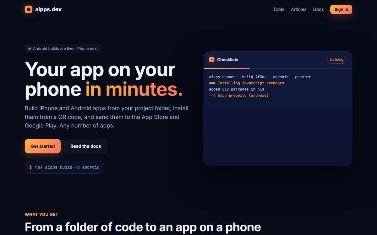 The aipps.dev home page: Your app on your phone in minutes. A build log on the right installing JavaScript packages and running an Android prebuild.