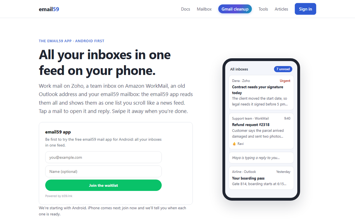 The email59 app page: All your inboxes in one feed on your phone. A waitlist form on the left and a phone on the right showing mail tiles from Zoho, WorkMail and Outlook with an unread count of 7.