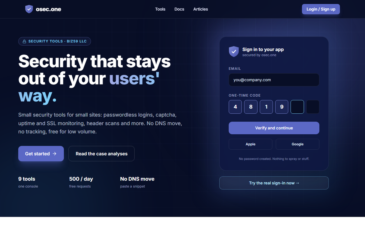 The osec.one home page: Security that stays out of your users' way. A sign-in box with an email field, a six-digit one-time code and buttons for Apple and Google.