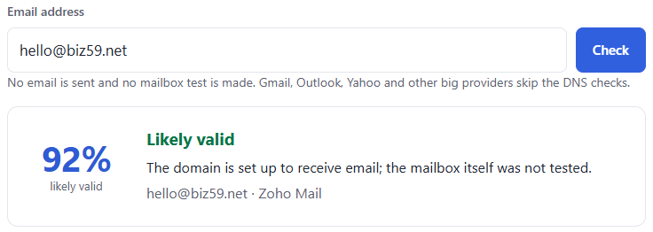 email59 deep email check for an address: 92% likely valid, the domain is set up to receive email, and the mailbox itself was not tested