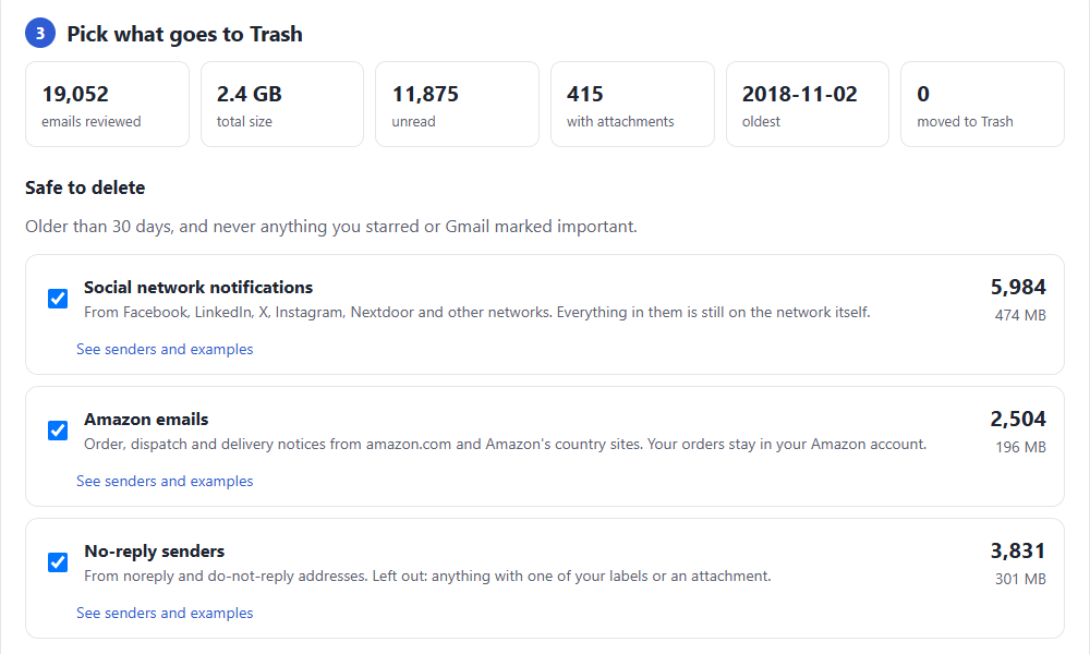 email59 Gmail cleanup after a review of 19,052 emails: groups that are safe to delete, like social network notifications, Amazon emails and no-reply senders, each with a count and its size