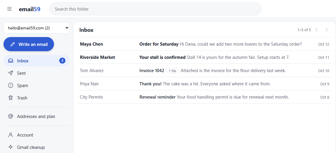The email59 mailbox of a small bakery: an order for Saturday, a market stall confirmation, an invoice with a file attached, a thank-you note and a permit renewal reminder